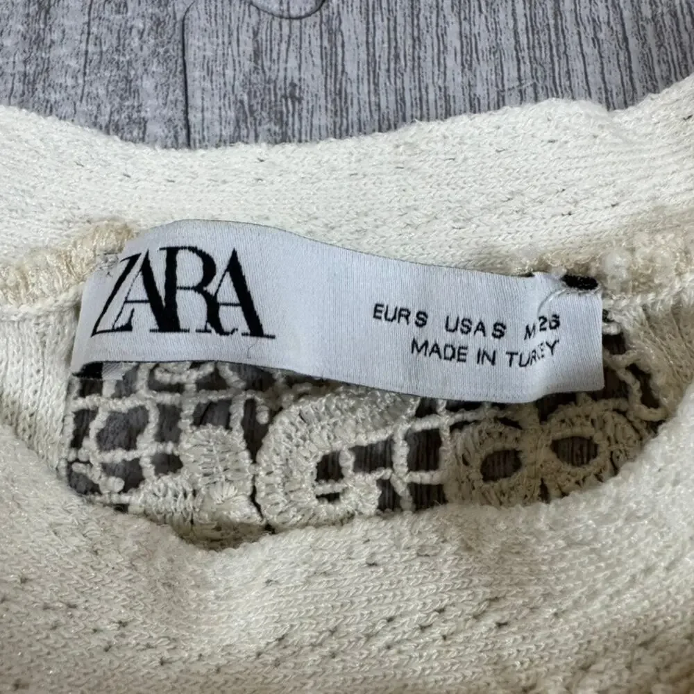 Zara Cream Pointelle Knit Crochet Puff Sleeve Crop Sweater Sz S Lace Cottagecore